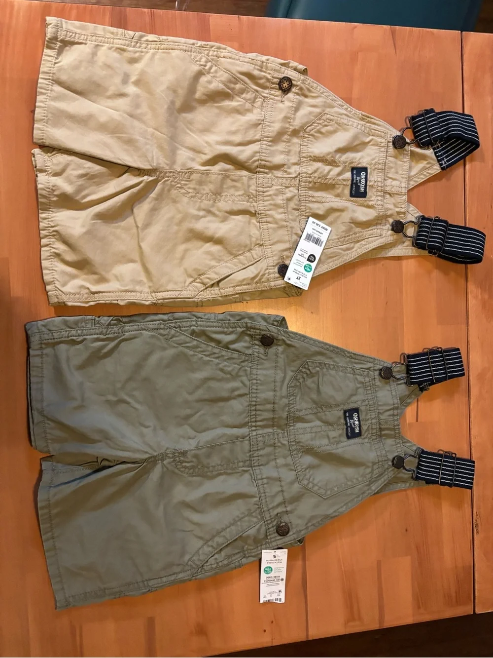 OshKosh B'gosh Khaki & Olive Kids Short Overalls with Striped Suspenders